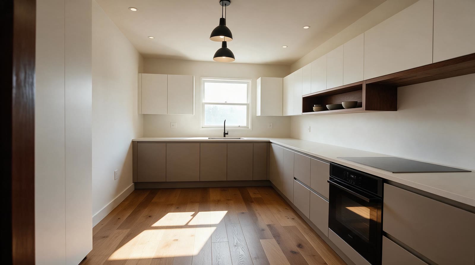 The same kitchen after a full remodel by Limarti Group: handleless cabinets, quartz countertops, black appliances and oak flooring
