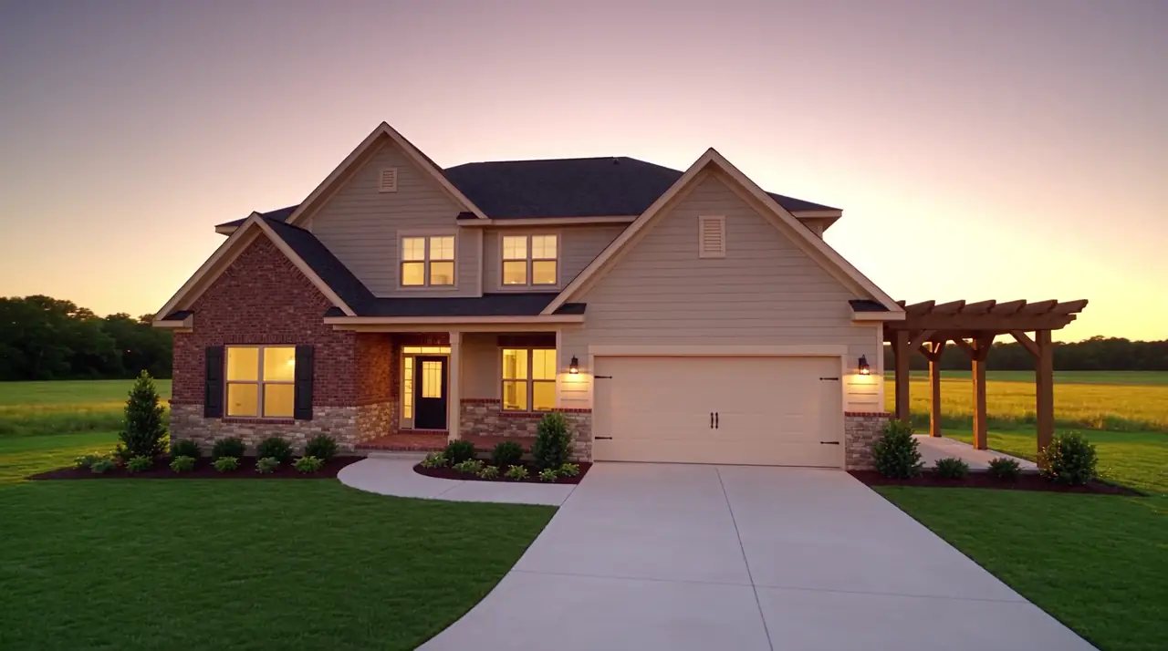 Finished new home at dusk in the Dallas–Fort Worth area, built by Limarti Group