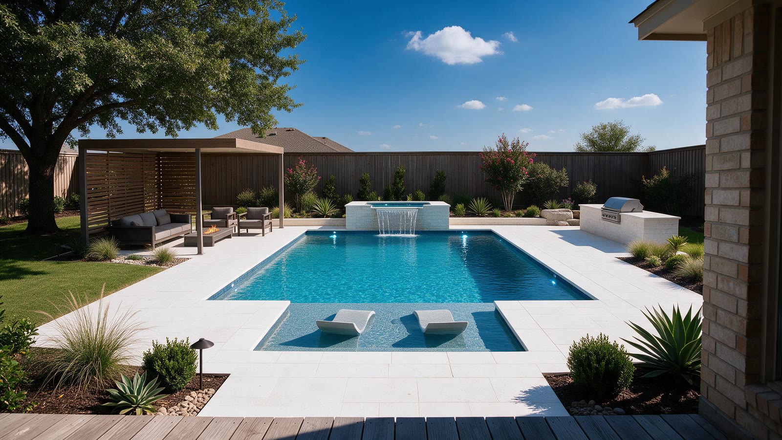 The same Bedford, Texas backyard after Limarti Group finished it: rectangular pool with tanning ledge and raised spa, white travertine deck, pergola with outdoor seating and a fire feature, built-in grill, landscaped beds and new sod